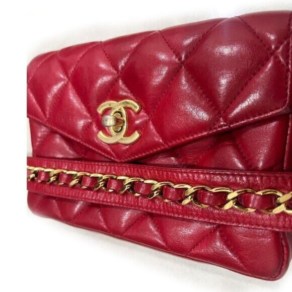 Authentic CHANEL CC Vintage Matelasse Lambskin Waist Pouch Bum Bag Leather Red - Picture 8 of 16